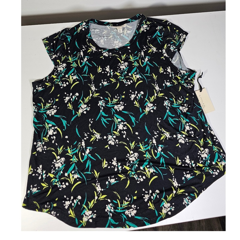 EMALINE WOMAN Floral Print Black Green White Short Sleeve Top Plus Size 2X - Picture 3 of 8